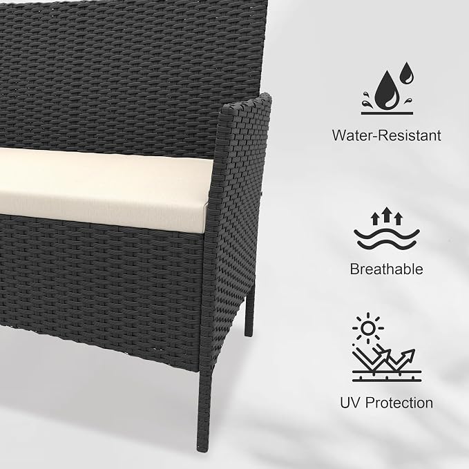 4-Piece Outdoor Patio Furniture Set, Wicker Furniture with Coffee Table, Modern Porch Chairs Conversation Set, Weather-Resistant, Outdoor Indoor Use Backyard Porch Garden Poolside Balcony, Black&Beige