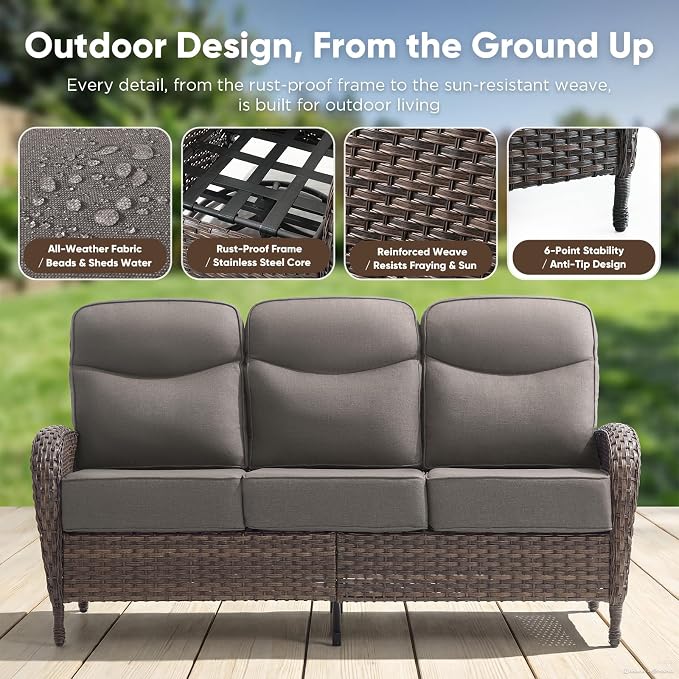 HUMMUH 8-Piece Wicker Patio Set with Swivel Rockers, 3-Seat Sofa and Table | 6 in Olefin cushions, PE rattan, steel frames, 350 lb chair capacity, for deck, porch, yard, and poolside