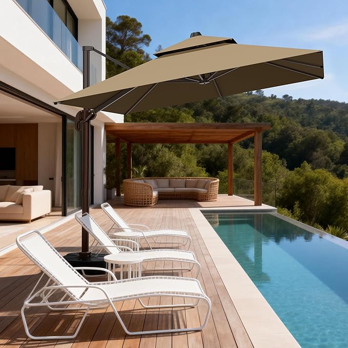 10x10Ft Patio Umbrella Outdoor Cantilever Rectangle Umbrella with Base Included, 6-Level Tilt & 360° Rotation Offset Umbrella for Garden, Deck, Pool(Brown)