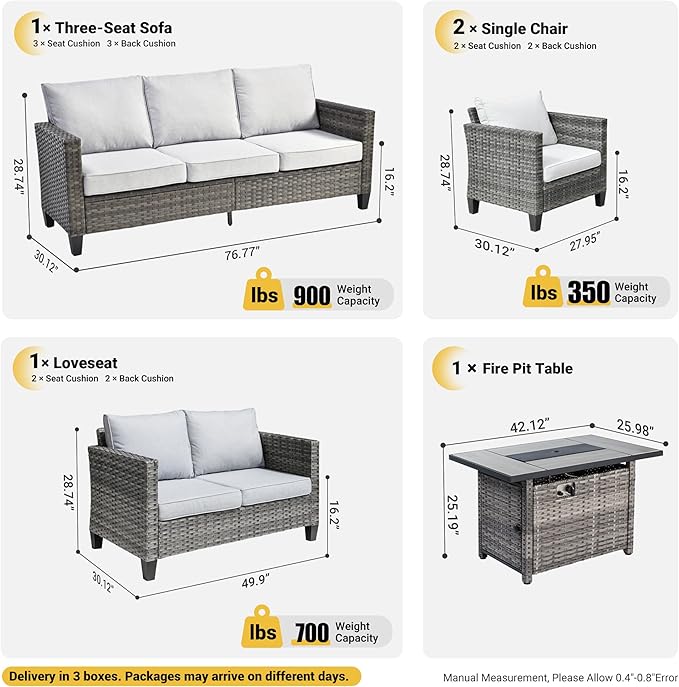 ovios 5 Pieces Patio Furniture Set, Outdoor Wicker Rattan Sofa Couch with 42" Fire Pit Table, Loveseat Chairs, Conversation Sets for Yard Porch Garden, Grey
