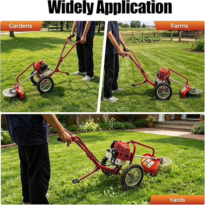2 Stroke Hand Push Lawn Mower, 49CC Gas Powered Walk Behind Weed Wacker, 6500-7000R/Min Walk Behind String Trimmer with 0.95L Fuel Tank, Gas Weed Eater for Mountains, Hills, Plains