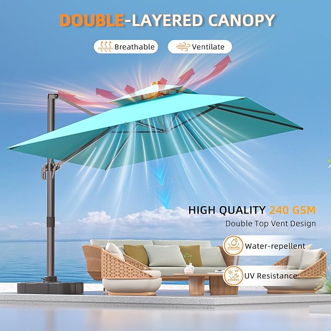 9' X 12' Outdoor Cantilever Patio Umbrella - Heavy Duty Offset Umbrella with 360° Rotation for Garden Deck Pool Patio, Turquoise