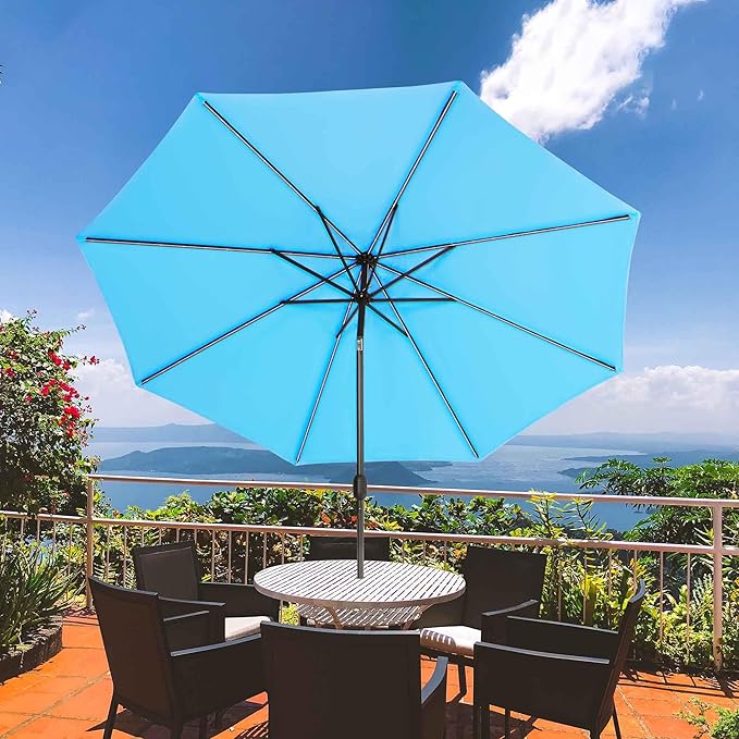 Sundale Outdoor Solar 88 LED 10 ft Patio Umbrella with Sand Bag Umbrella Base, Outdoor Umbrella with Tilt and Crank, Sky Blue