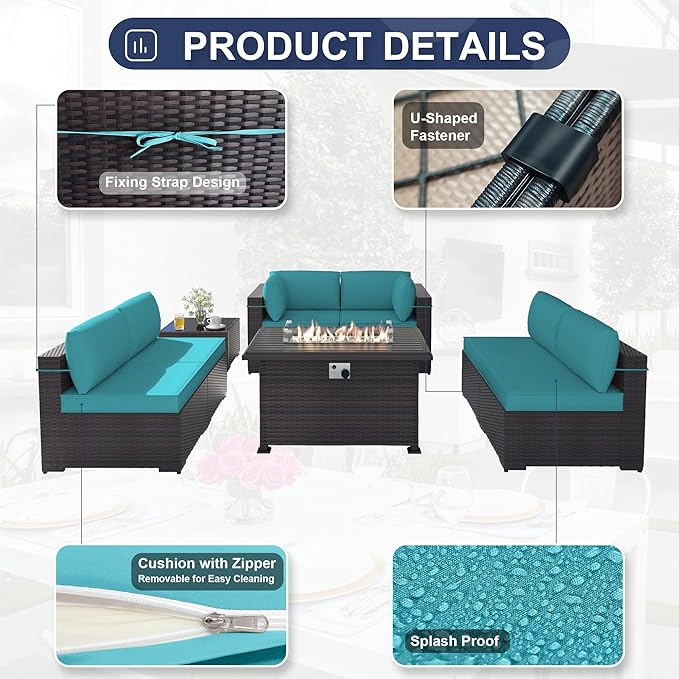 Patio Furniture Set with Fire Pit Table 8-Piece Outdoor Sectional Furniture Outdoor Rattan Patio Conversation Sets with 55,000 BTU Propane Gas Fire Pit Table and Glass Table, Blue
