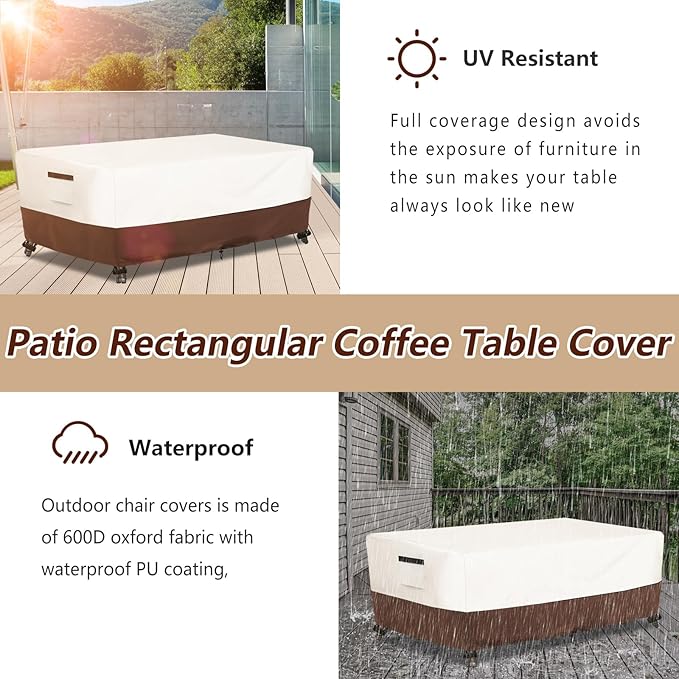Outdoor Patio Coffee Table Cover, Waterproof Rectangular Patio Side Table Cover,Patio Furniture Covers,48 x 28 x 16 inch,Beige & Brown