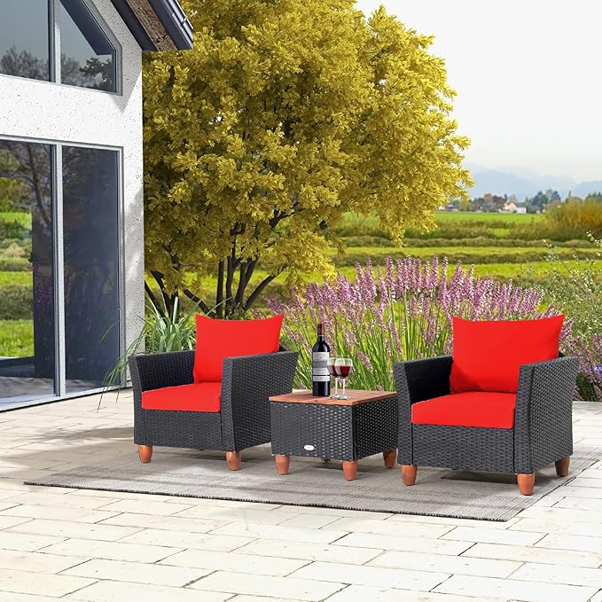 Tangkula 3 Piece Patio Furniture Set, Patiojoy Outdoor Wicker Rattan Bistro Sofa Set w/Washable Cushion, Acacia Wood Top Coffee Table, Conversation Set w/Adjustable Feet for Balcony Backyard Porch