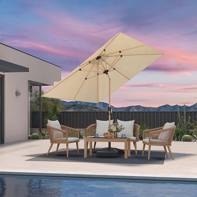 PURPLE LEAF 8' x 8' Square Outdoor Table Umbrella with Base Patio Umbrella Aluminum Market Umbrella with Push Button Tilt & Crank and 8 Ribs Outdoor Umbrella for Pool Backyard Beach, Beige