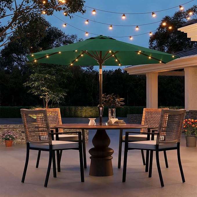9FT Solar Umbrella 32 LED Lighted Patio Umbrella Table Market Umbrella w/Tilt and Crank, UV-Resistant Outdoor Umbrella for Pool, Garden, Deck, Forest Green