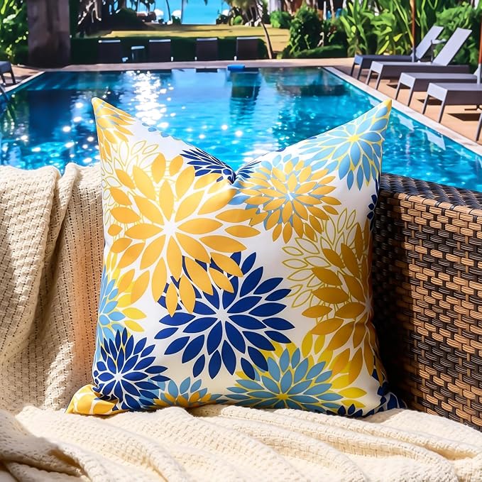 Dahlia Throw Pillow Covers 20×20 Inch Set of 2 Yellow and Blue Spring Summer Decorative Throw Pillow Cases Outdoor Pillows Waterproof Cushion Covers for Living Room Bedroom Garden Patio