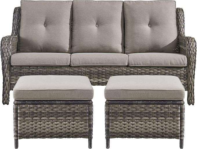 Rilyson 3 Piece Wicker Patio Furniture Set - Outdoor Rattan Patio Comversation Set with 1 Sofa and 2 Ottomans for Outside Porch Deck Garden(Mixed Grey/Grey)