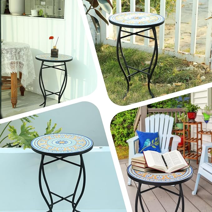 VCUTEKA Mosaic Side Table, 21" Round End Table with 14" Ceramic Tile Top, Patio Accent Table Indoor and Outdoor End Table for Yard, Garden, Living Room, Bistro Balcony or Lawn