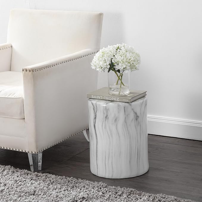 JONATHAN Y Troy Modern 17" Faux Marble Cylinder Accent Table, Round Pedestal End Table and Decorative Indoor Stool for Living Room, Small Minimalist Drum Side Table, White and Black TBL1101A