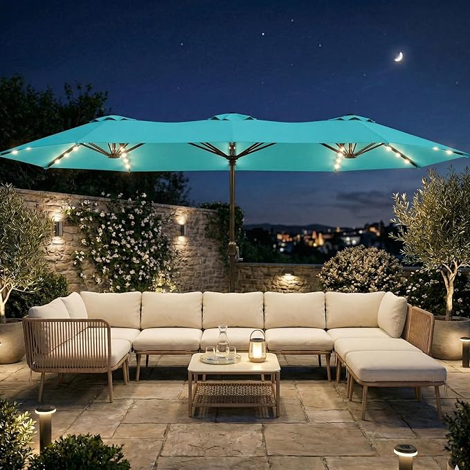 15FT Large Outdoor Patio Umbrella with Solar Lights and Base, Double-Sided Table Umbrellas with 48 LED Lights, Rectangle Market Umbrella for Pool, Deck, Backyard