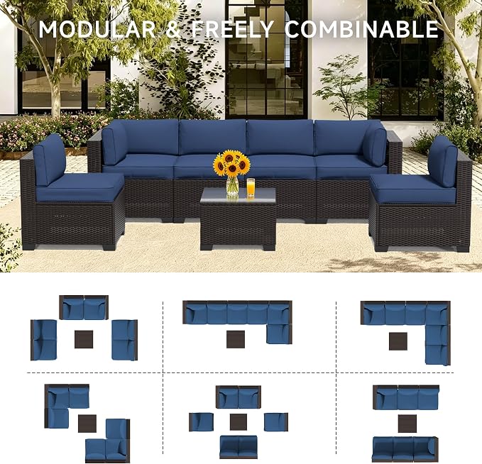 7 Pieces Outdoor Patio Furniture Set, Wicker Modular Sectional Sofa, All Weather Conversation Sets with Glass Table for Yard, Garden, Poolside, Navy Blue Cushions