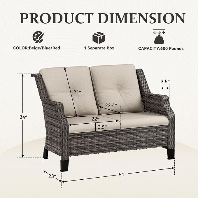Outdoor Patio Loveseat, All-Weather 2-Seater Wicker Loveseat with Cushions, Outdoor Patio Love Seat Sofa for Garden, Balcony and Deck