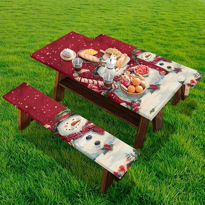 Snowman Picnic Table Cover with Bench Covers, Beach Waterproof Christmas Outdoor Table Cover, Picnic Table Covers with Elastic Suitable for Xmas Decoration