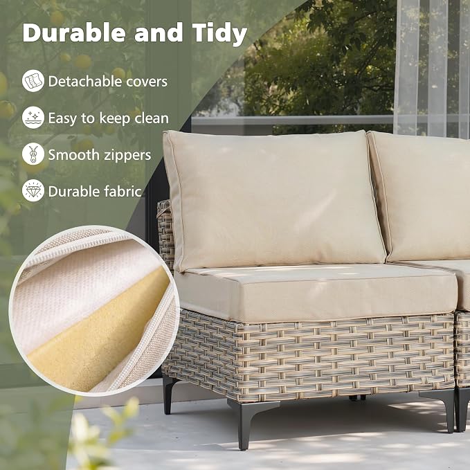 CAODOC Outdoor Sectional Patio Furniture Set,8 Pieces Wicker Conversation Sets L Shaped Couch,Out Door Sofa Outside Furniture with Swivel Chairs,Beige