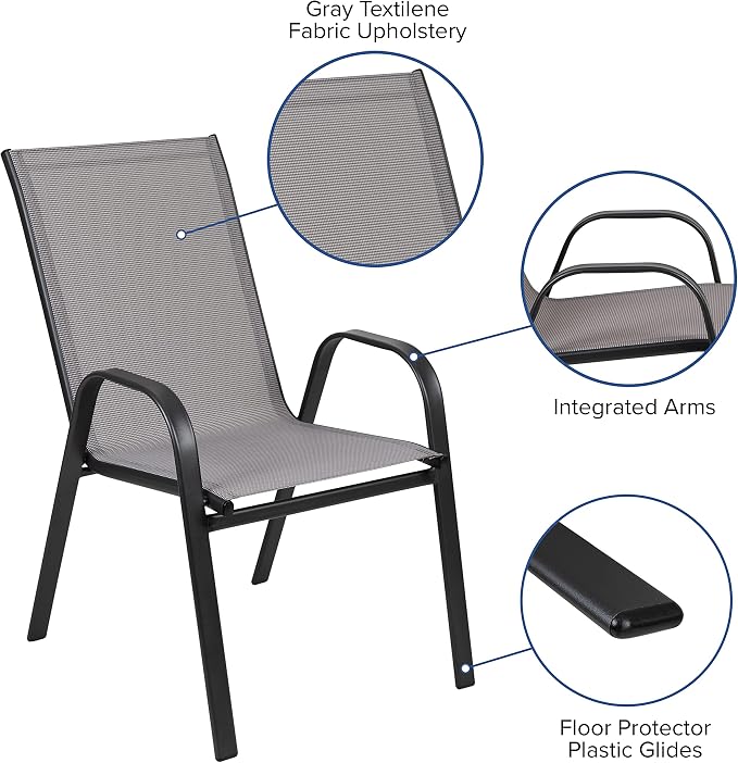 Flash Furniture Brazos 5 Piece Outdoor Patio Dining Set - 4 Gray Flex Comfort Stack Chairs - 31.5" Square Tempered Glass Patio Table