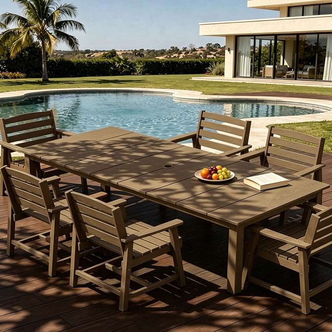 AreShark 7-Piece Outdoor Dining Set,HDPE Patio Table with 6 Armchairs,All-Weather Patio Furniture Set with Umbrella Hole,Low Maintenance Wood Grain Dining Set for Backyard,Garden,Poolside,Black