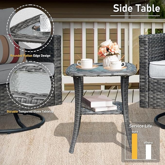 HOOOWOOO Wicker Outdoor Swivel Bistro Set for 2,3 Piece Patio Rocking Chairs and Table,All Weather Resistant Outside Out Door Rattan Rockers Furniture Set,Light Gray
