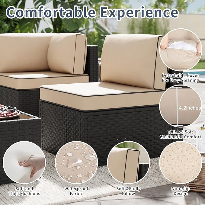 SUNLEI Outdoor Patio Furniture Set 5 Pcs, Rattan Balcony Furniture with Backrest Glass Table & Washable Cushions Small Conversation Patio Set with Sectional Design (Black/Khaki)