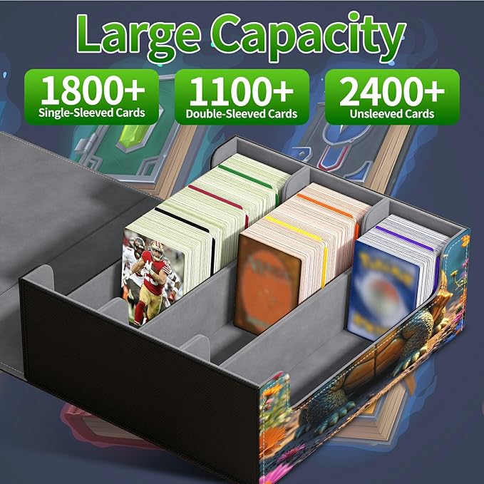 Large Card Deck Box for MTG, Fits 1200+ Sleeved Cards, PU Leather Storage Case with Strong Magnetic Closure, Multiple Colors Available for TCG CCG Baseball Card Collections, Forest Turtle
