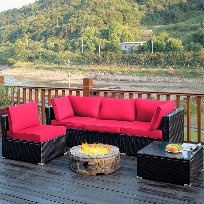 COSTWAY 5-Piece Outdoor Patio Furniture Set, PE Rattan Sofa Chairs with Cushions and Tempered Glass Coffee Table, Conversation Sofa Set for Backyard Garden (Red)