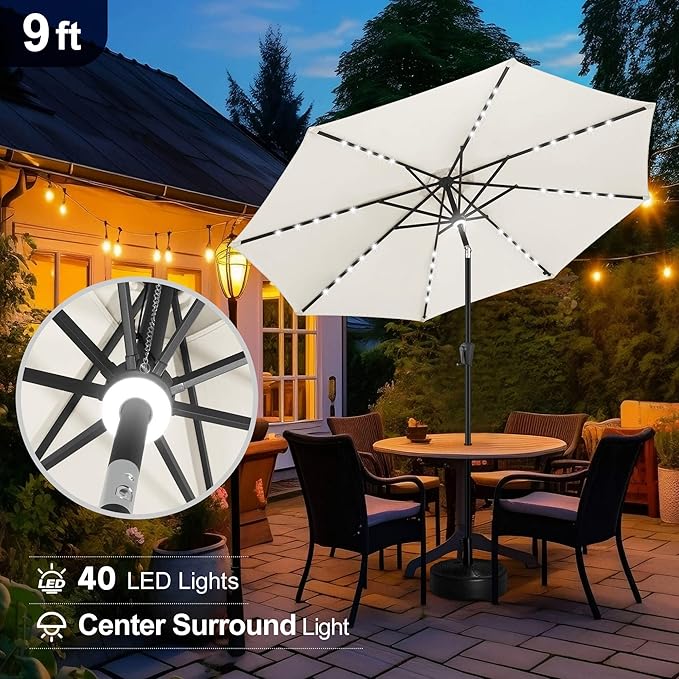 FLAME&SHADE 9 FT Outdoor Umbrella with 40LED Lights, Solar Light Patio Umbrella with Centre Surround Light, Table Market Umbrella Outdoor Patiofor Deck, Pool, Backyard, Garden (Ivory)
