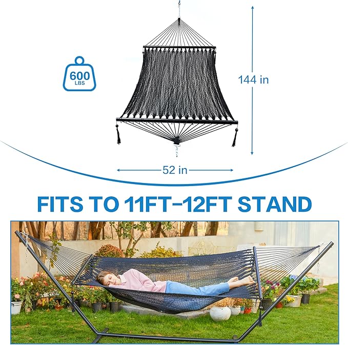 PNAEUT Double Rope Hammocks for Outside, Handwoven Double Caribbean Hammock with Spreader Bar for Outdoor Indoor, Max 600 lbs Capacity (Abyss)