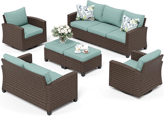 Swivel Glider Patio Furniture Set Outdoor Furniture Brown Wicker Rattan Patio Conversation Sets with Cushion Outside Sofa Set,6 Pieces 9 Seats,Blue