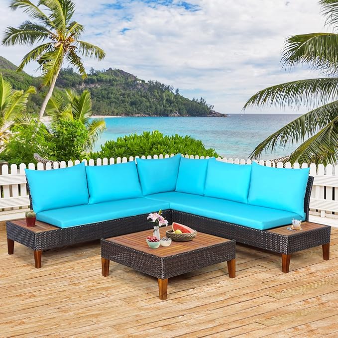 Tangkula 4 Pieces Acacia Wood Patio Conversation Set, Patiojoy Outdoor PE Rattan Sectional Sofa Set with Coffee Table, Corner Sofa & 2 Loveseats, for Backyard Garden Poolside