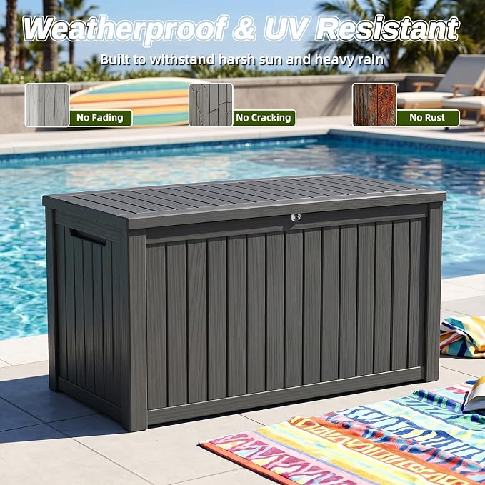 200 Gallon Deck Box, Extra Large Waterproof Outdoor Storage Box with Hydraulic Rod, Weatherproof Resin, Lockable Wood-grain Finish Container for Patio Furniture, Garden, Pool and Garage (Black)