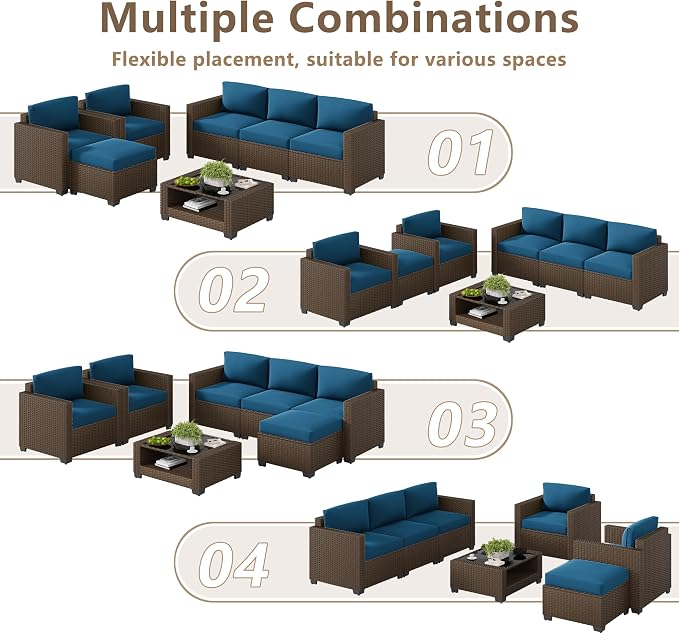 LOUVIXA 7 Piece Outdoor Patio Furniture Set, Rattan Chairs Glass Table Wicker Conversation Seating Sectional Sofa with Cushions (Brown-Peacock Blue, 7Pcs-2 Layer Coffee Table)