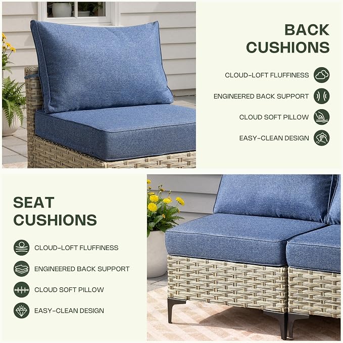 8 Pieces Patio Furniture Set, Outdoor Conversation Set with 360° Swivel Rocker Chairs, Wicker Sectional Sofa & Solar Powered Lighted Table, High Back Outdoor Furniture for Backyard Porch, Denim Blue