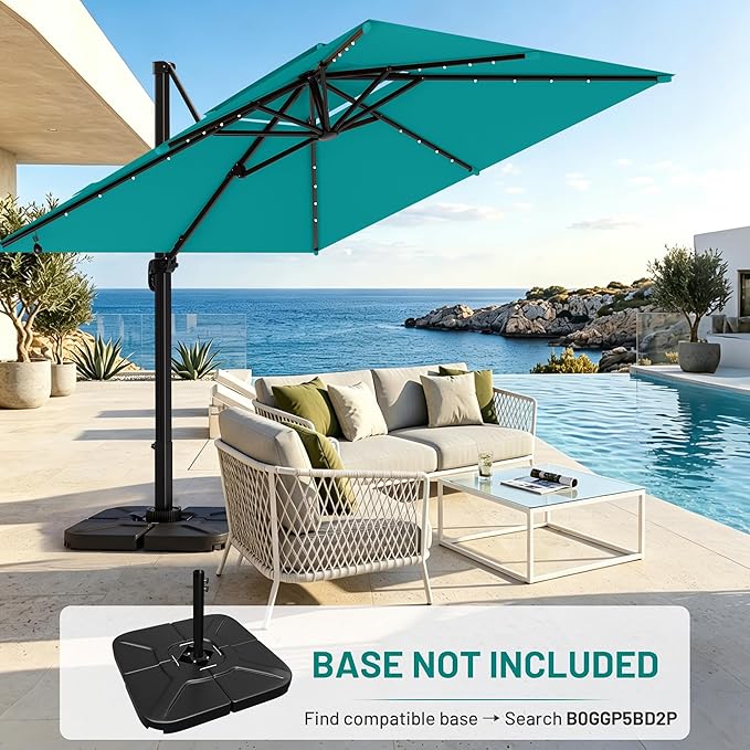 AreShark 10×10FT Solar LED Cantilever Umbrella, Double-Top Outdoor Patio Offset Umbrella with 360 Degree Rotation, Large Square Canopy with Lights for Garden Deck Pool, Turquoise Blue