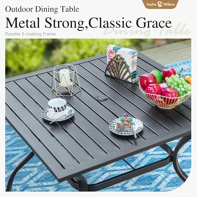 Sophia & William 5 PCS Patio Table and Chairs Set,37" Black Square Table | Stackable Chairs w/ Umbrella Hole,Weather-Resistant,E-Coated,Perfect For Patio,Garden and Yard