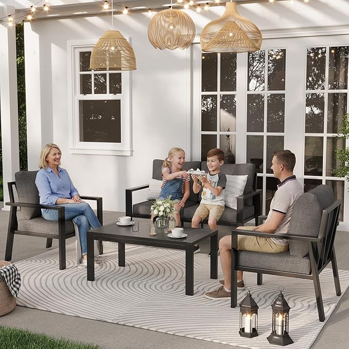 4-Piece Aluminum Outdoor Patio Furniture Sets All-Weather Patio Conversation Set Sectional Sofa with Coffee Table & Cushions with Removable Covers for for Deck Backyard Garden Poolside Balcony Porch
