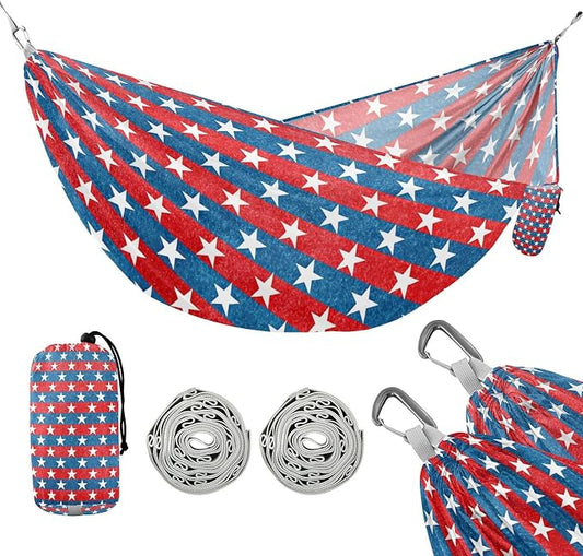 Patriotic Stars Camping Hammock, Portable Lightweight Single Hammock with Tree Straps and Aluminum Carabiners, 114" x 54" Travel Hammock for Hiking Backpacking Beach