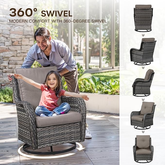 Patio Loveseat Glider Set, Resin Wicker Loveseat Glider with 4 Swivel Patio Chiars Coffee Table 2 Side Table, 8 Piece Patio Conversation Loveseat Set, Grey Wicker|Grey Cushions