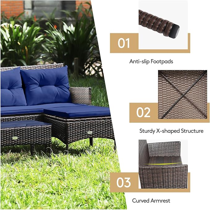 HAPPYGRILL 3 Piece Outdoor Rattan Conversation Set Patio Furniture Set with Tempered Glass Coffee Table, 5 Elastic Seat & Back Cushions, Sectional Sofa Set for Poolside Balcony Backyard