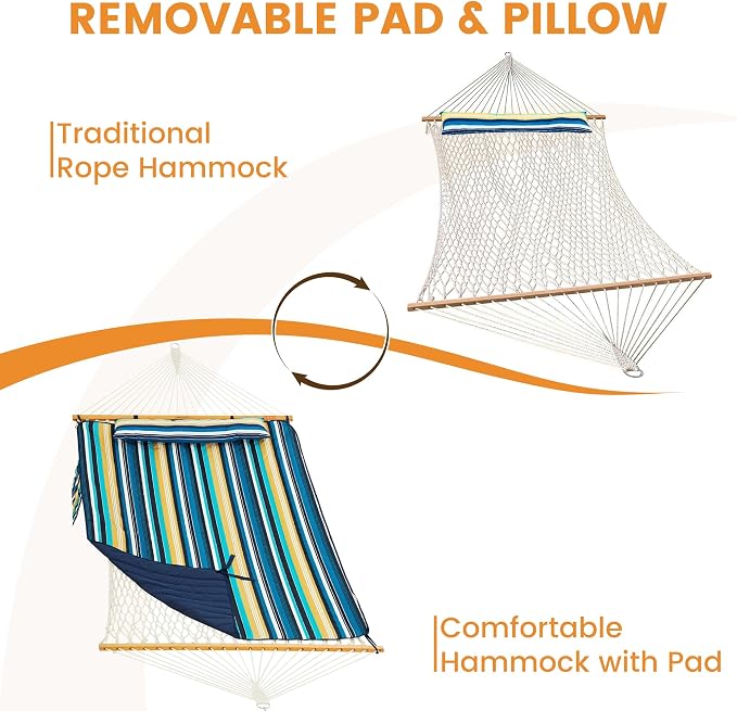 Lazy Daze Hammocks Rope Hammock with Pad, Spreader Bar, Carabiners, Tree Straps, Chains for Outside Patio- Max 450 Lbs, Beach