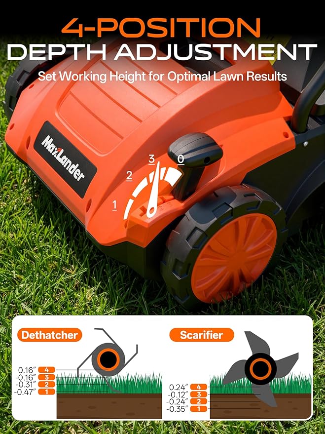 MAXLANDER 13 Inch 12 Amp Electric Dethatcher and Scarifier, 2-in-1 Lawn Dethatcher with 4-Position Depth Adjustment, 30L Removable Collection Bag, Airboost Technology Increases Lawn Health