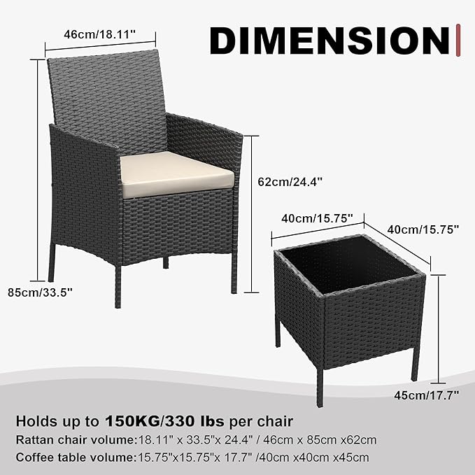 Patio Furniture Set 3 Pieces,Outdoor Patio Conversation Sets, PE Rattan Wicker Furniture Sets with 2 Chairs,Soft Cushion and 1 Coffee Table, Bistro Set of 2 for Backyard Balcony Porch Apartments,Black