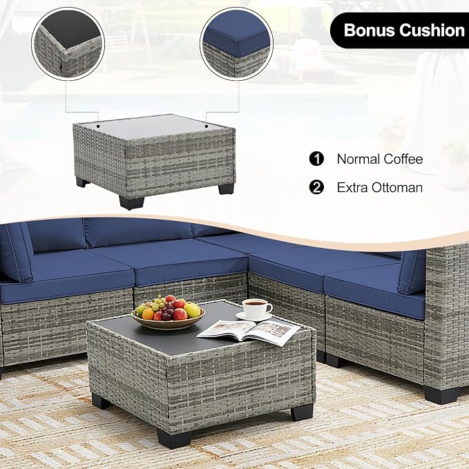 CANMOV 7 Pieces Patio Furniture Sets, All Weather Outdoor Patio Conversation Set, PE Wicker Rattan Sectional Sofa Couch Glass Coffee Table Washable Cushions for Backyard Garden,Poolside, Navy Blue