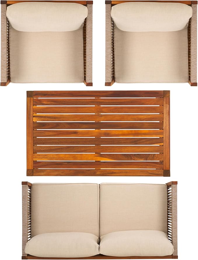 SAFAVIEH Outdoor Collection Roya Natural/Taupe Solid Wood 4-Piece Conversation Set