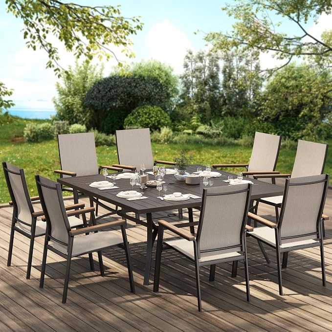 PHI VILLA Outdoor Dining Set for 8 w/Square Table & Aluminum Chairs, Beige | Stackbale chairs, Breathable & quick-drying sling, Light-weight & space-saving, Metal Table, Umbrella Hole, Patio deck