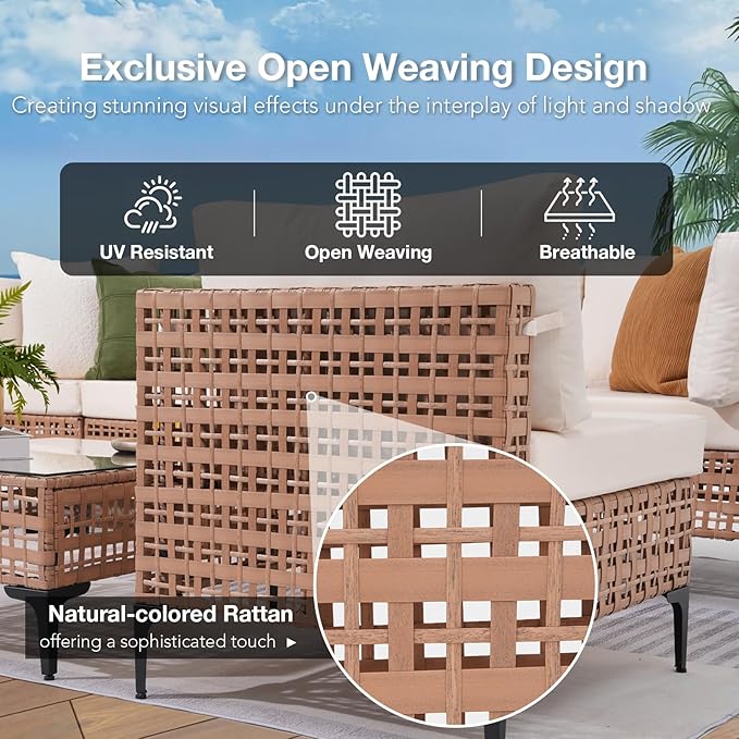Patiorama 7 Piece Wicker Patio Furniture Set, Natural-Colored PE Rattan Outdoor Conversation Set Sectional Sofa with Water Resistant Cushion and Glass Table, Outdoor Couch, Porch, Backyard-Black
