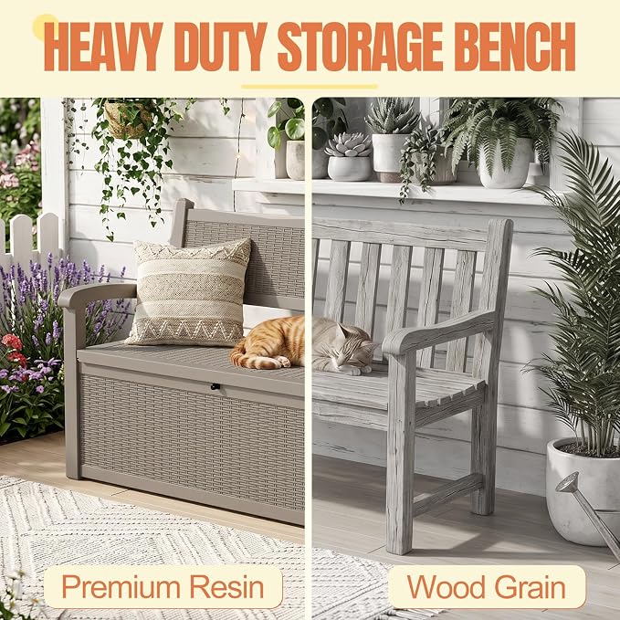 Storage Bench Outdoor Deck Box,100 Gallon Waterproof & UV Resistant Lockable Patio Furniture Seating.Indoor/Outdoor Shoe Storage Cabinet for Garden Cushions,Tools,Patio,Pool Supplies