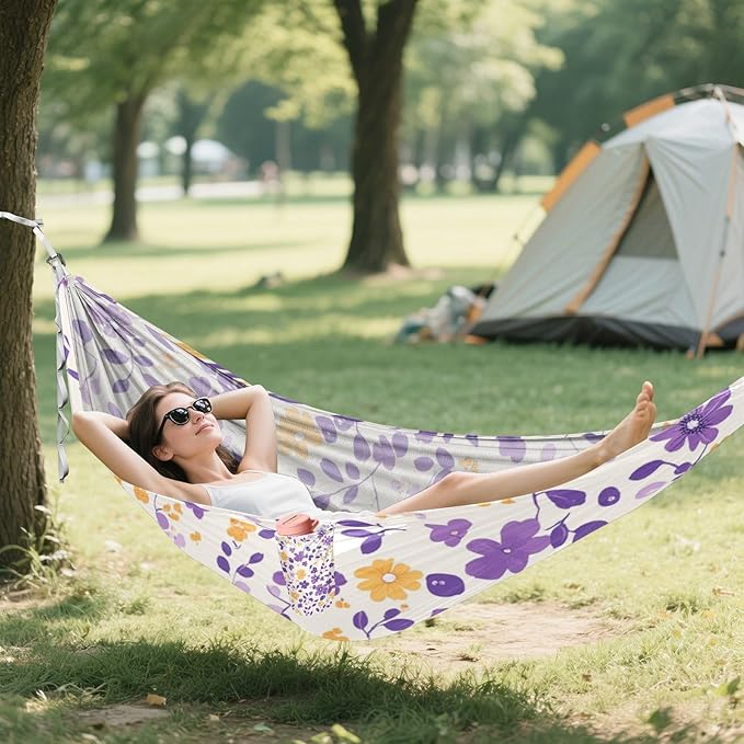 Multi-Small Flowers and Leaves Purple and Yellow 330lb Capacity Hammocks with Hanging Rope Portable Hammock for Outside Beach Patio Garden soporte para hamacas para adultos