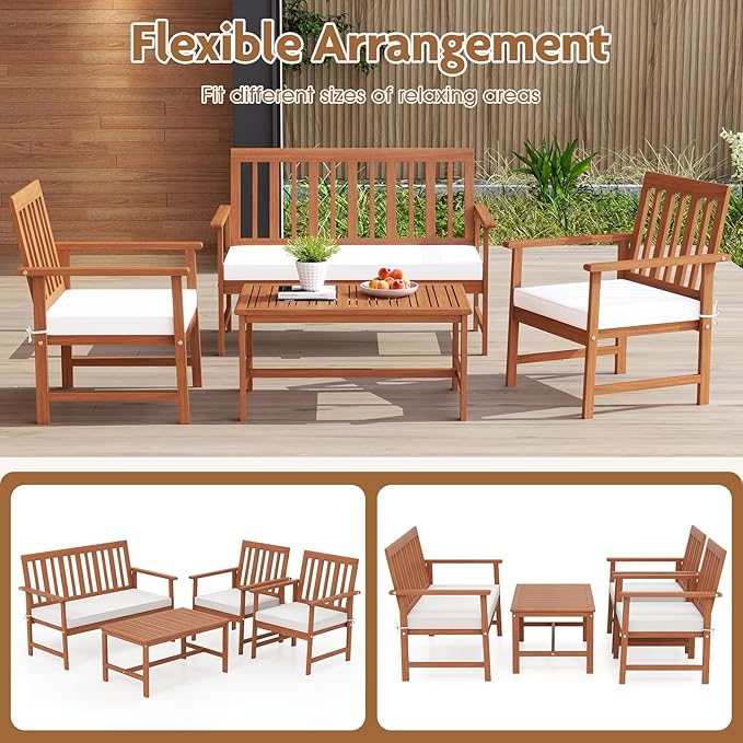 HAPPYGRILL 8 Pieces Acacia Wood Furniture Set, Patio Conversation Set w/Seat Cushions & Robust Wood Frame, Outdoor Loveseat Sofa, 4 Armchairs & 2 Coffee Table Set for Backyard, Porch, Poolside (2)